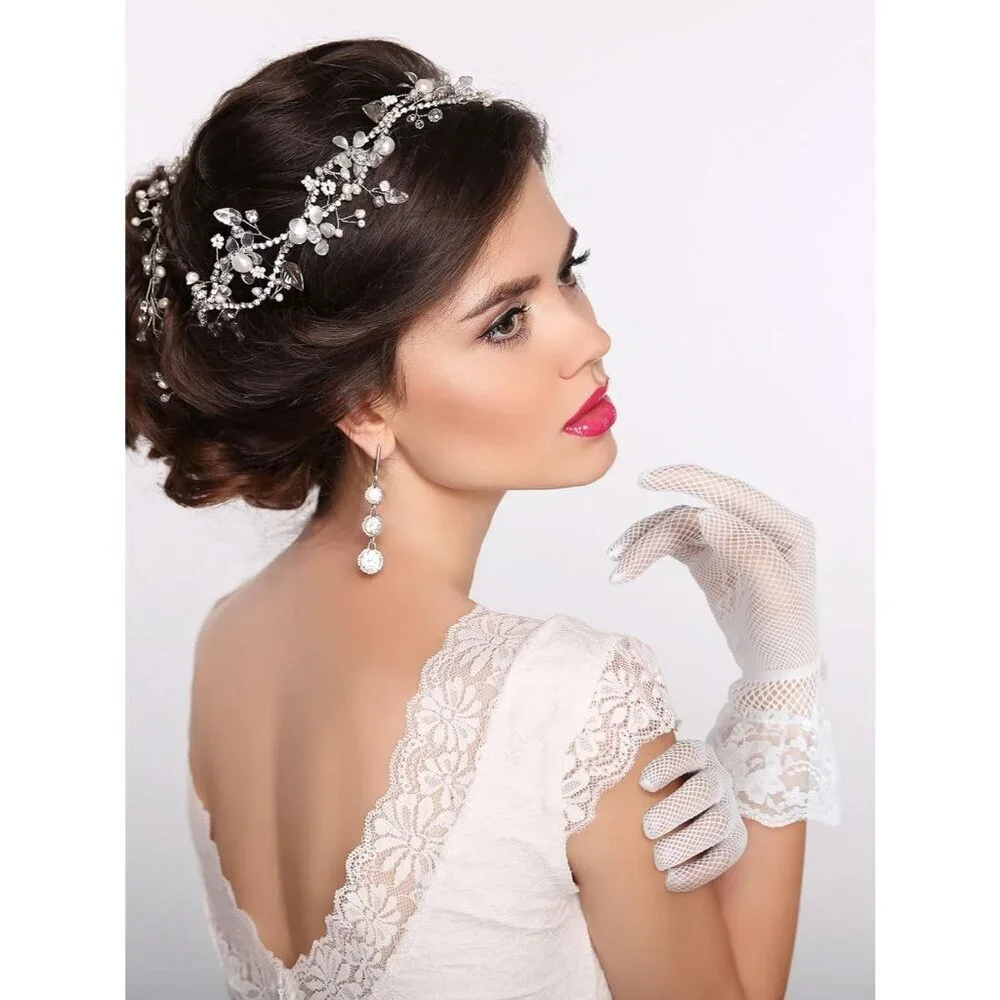Women's Elegant Cream Short Bow Style Lace Gloves Dinner Wedding Party Prom